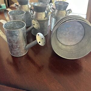 Set of Galvanized Metal Watering Cans and Buckets